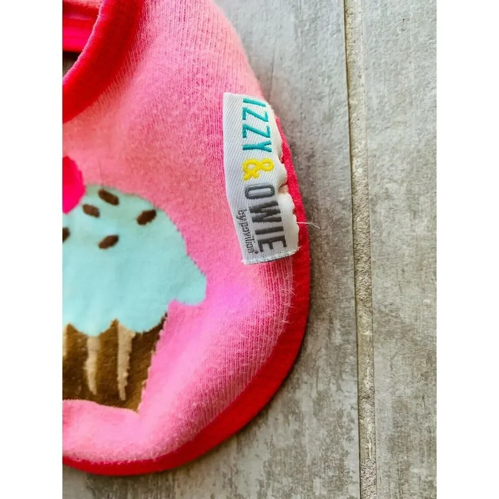 Izzy & Owie Birthday Cupcake Snap Bib Pink Knit Cotton Washable Drool Burb 0-12